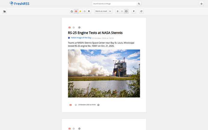 Die FreshRSS-Leseansicht mit einem NASA-Artikel.